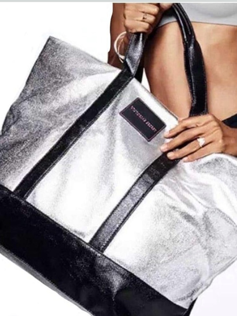 Victorias Secret Large Silver & Black Weekender Get Away Travel Tote Bag
